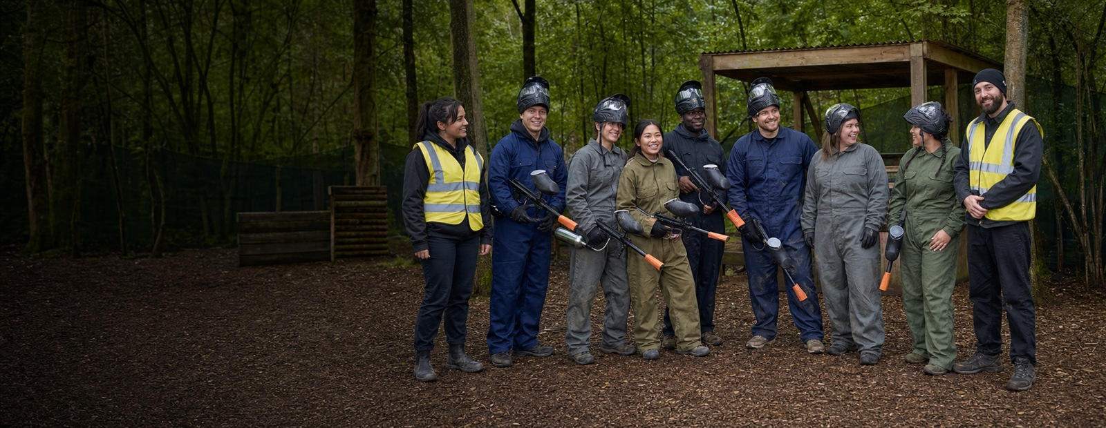 UKPBA players and marshals together at a woodland paintball venue