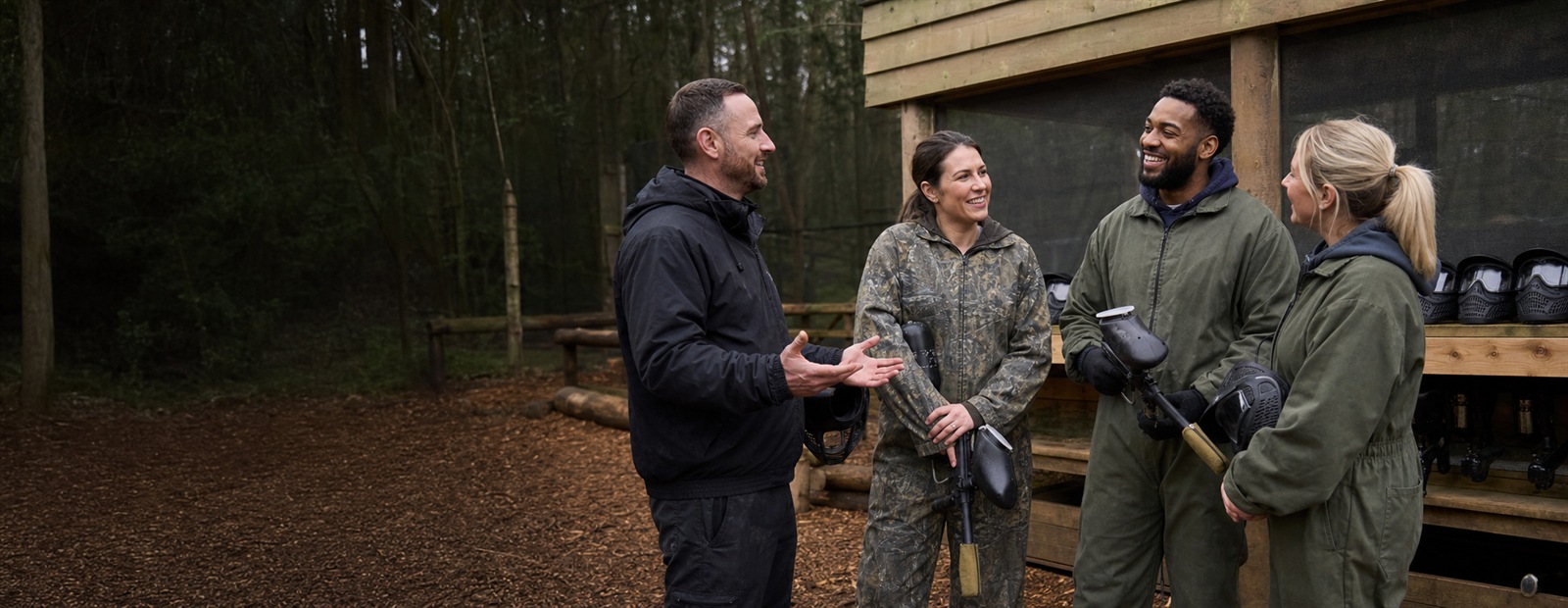 Paintball venue representatives and players discussing membership support