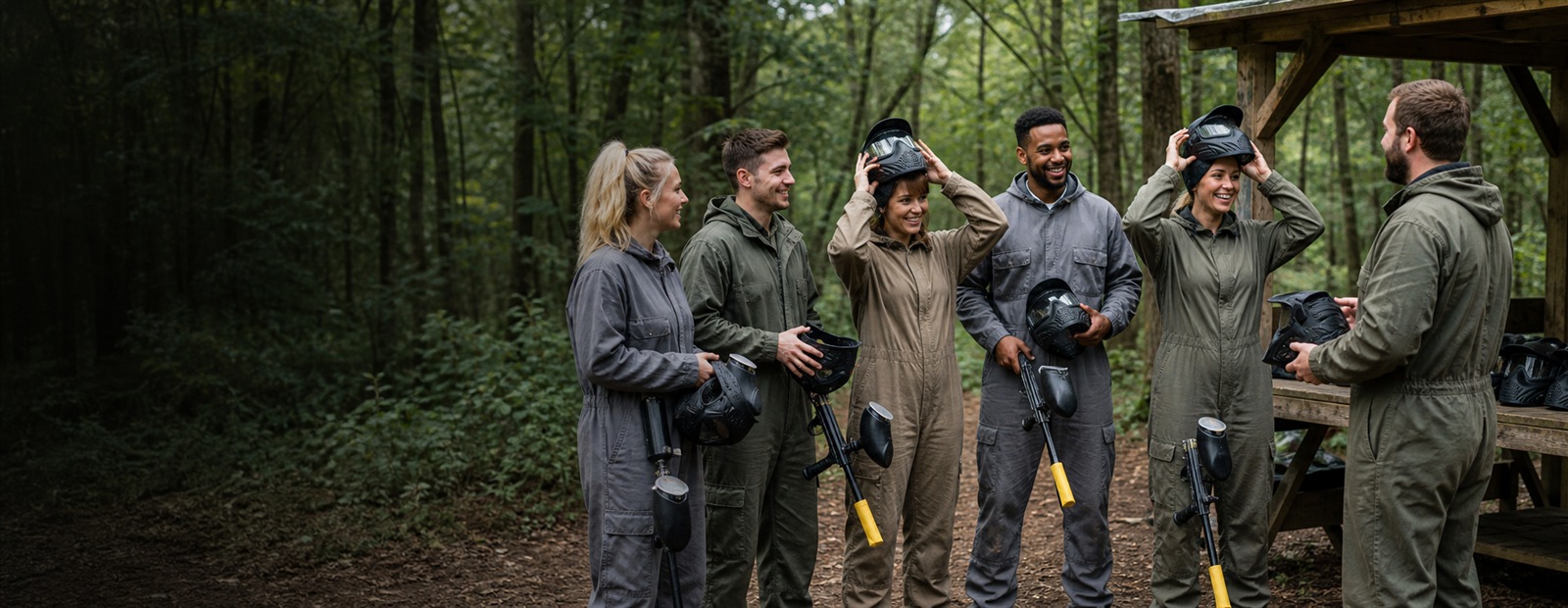A group preparing safely for a recreational woodland paintball session