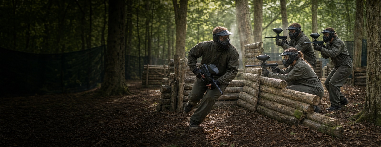 A team playing an organised recreational paintball game in woodland
