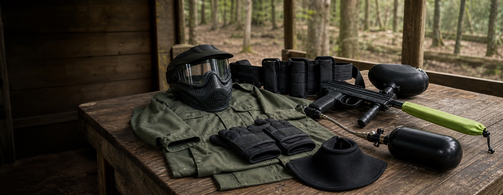 A complete set of safe recreational paintball gear and equipment