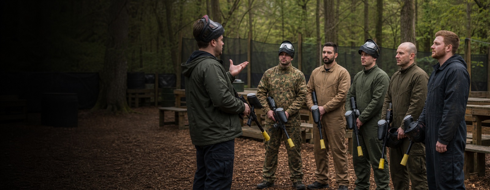 A paintball marshal giving players a pre-game safety briefing